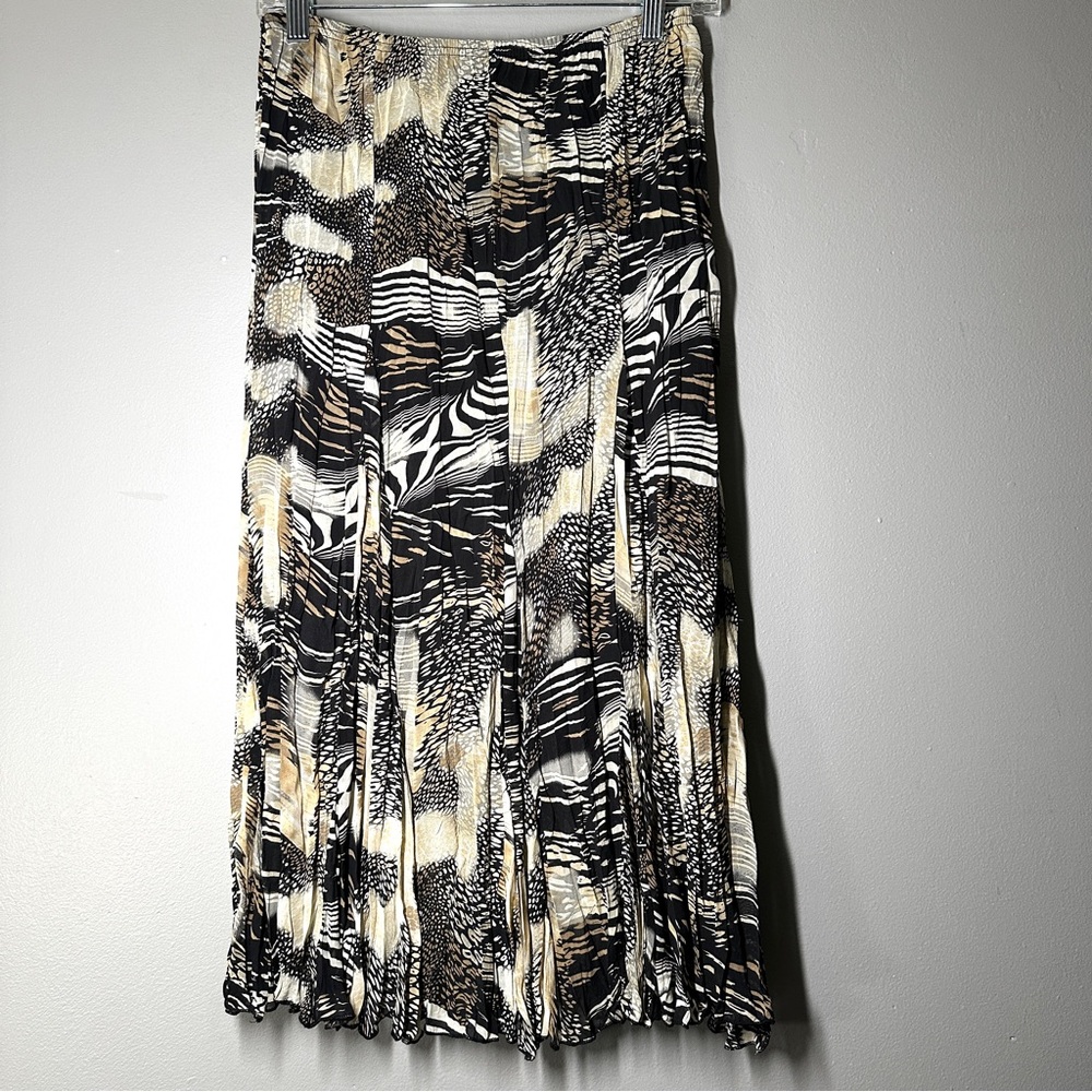 Vintage Black and Cream Pleated Animal Print Maxi Skirt Size Petite Small